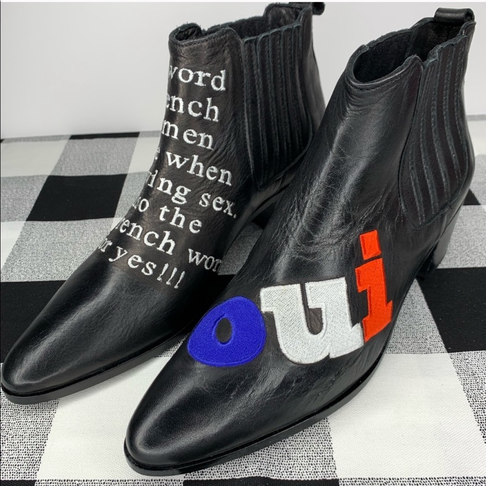 Modern Vice Oui French Word Black Ankle Booties
